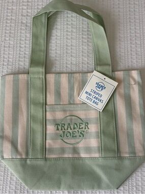 Trader Joe's Sage & Cream Striped Canvas Tote